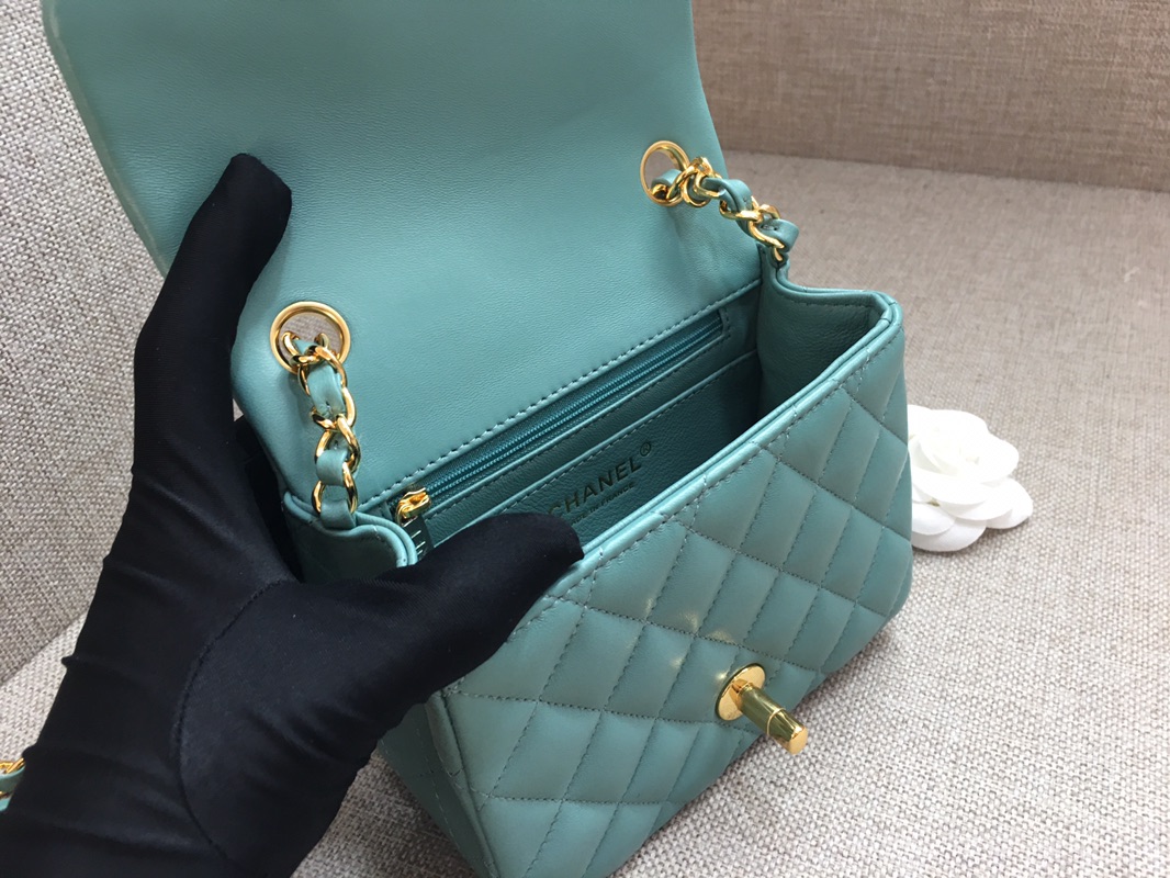 Mini Classic Flap Lambskin Bag A01115 Peacock Blue/Gold